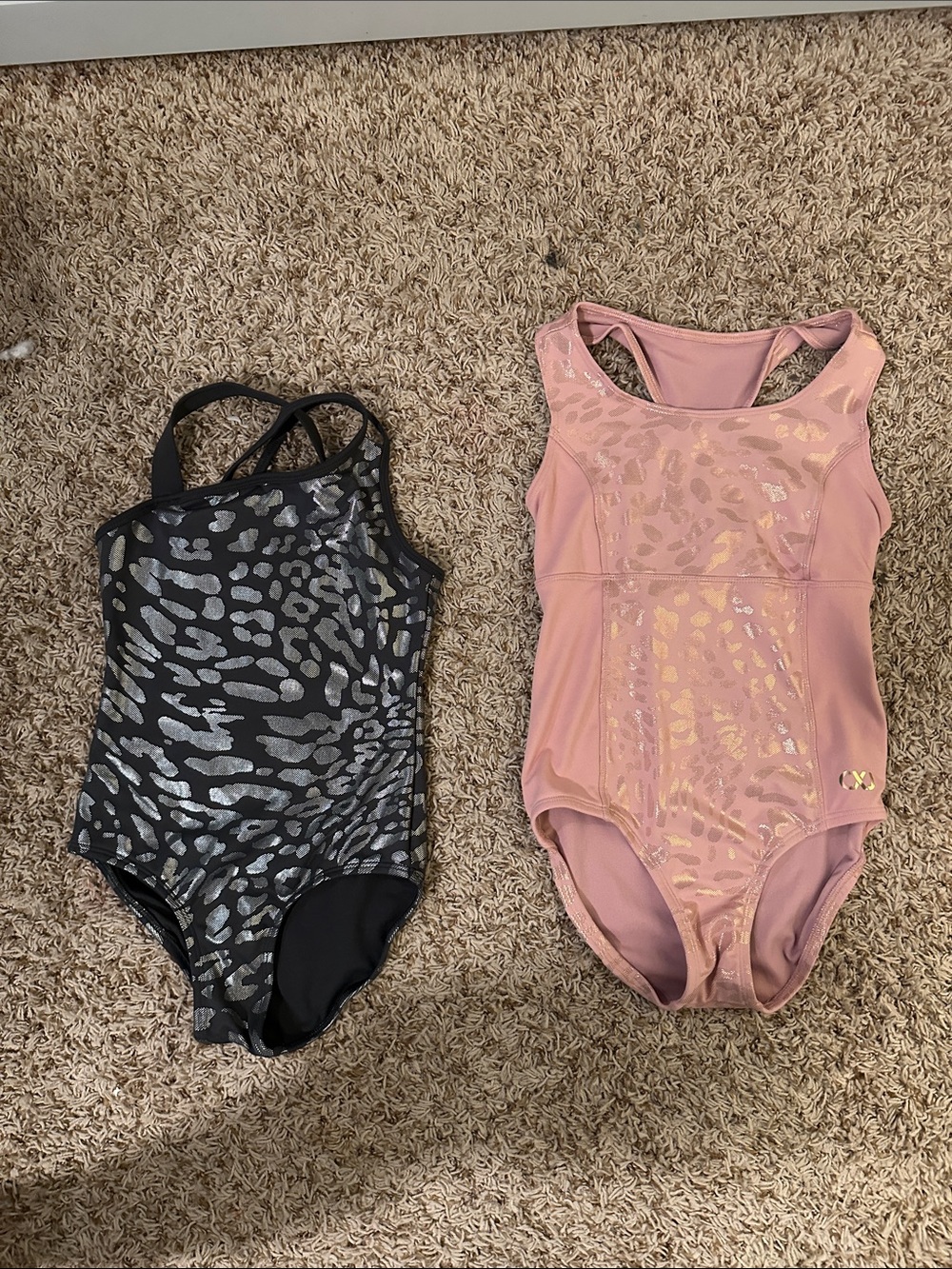 Girls 2 piece Pink and Gray Metallic Leopard Print One-Piece leotards